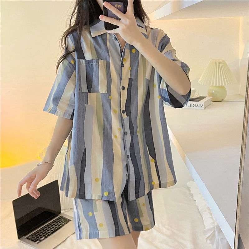 Bộ Đồ Ngủ Họa Tiết Kẻ Sọc Phong Cách Hàn Quốc Thời Trang Mùa Hè Cho Nữ
