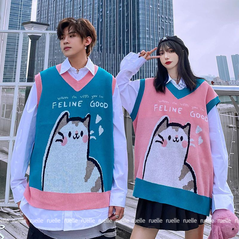 Áo Dệt Kim Sát Nách Dáng Rộng Kiểu Hoạt Hình Mèo Đáng Yêu Cho Cặp Đôi