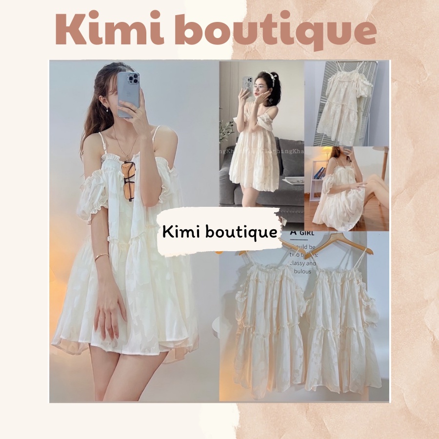 Áo váy hai dây trễ vai hoa dập nổi xinh xắn, váy trễ vai bèo điệu đà đi du lịch - 𝑲𝒊𝒎𝒊𝒃𝒐𝒖𝒕𝒊𝒒𝒖𝒆