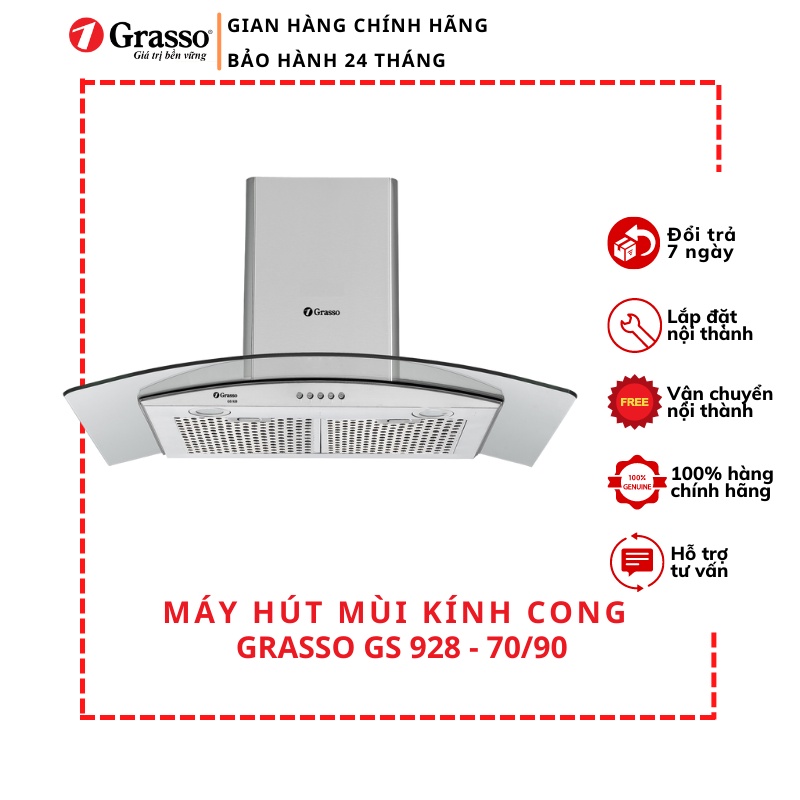 Máy hút mùi kính cong Grasso GS 928 - 70/90 thiết kế hiện đại