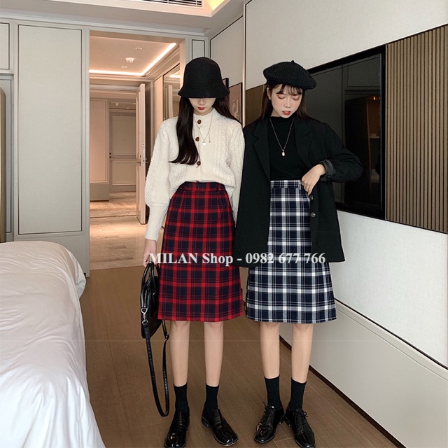 Chân váy dạ kẻ caro có túi kèm đai | BigBuy360 - bigbuy360.vn