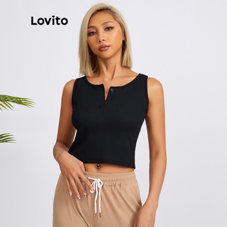 1221de-Áo Lovito sát nách phối nút hở vai màu trơn phong cách thường ngày L18X268