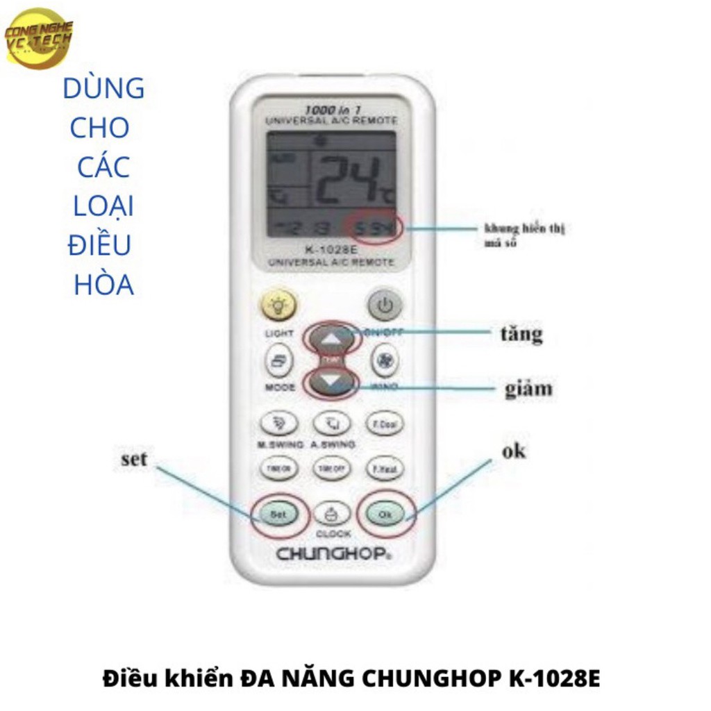Điều khiển điều hòa máy lạnh đa năng K-1028E 1000 in 1 remote hồng ngoại dò tần số loại xịn