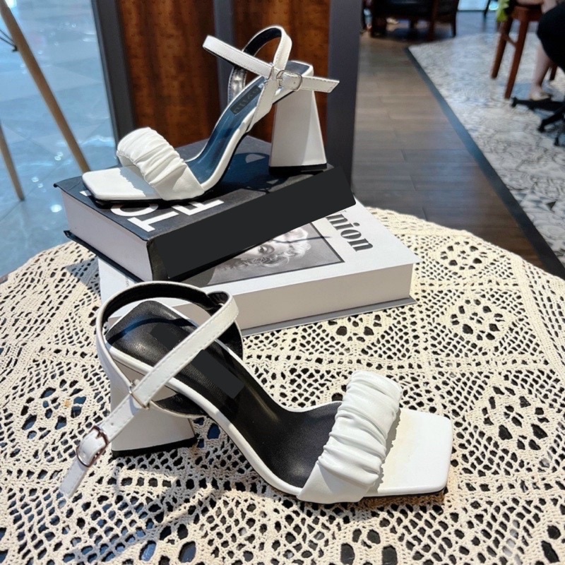 Giày cao gót quai nhún bèo gót tam giác 9 phân, Sandal cao gót 9cm quai nhún