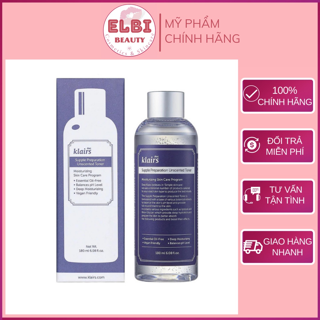 Nước Hoa Hồng Không Mùi Cho Da Nhạy Cảm Dear Klairs Supple Preparation Unscented Toner 180ml - Cosmetics &amp; Skincare