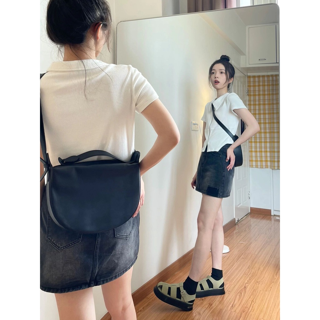 Xiaozhainv Set Áo Cardigan Ngắn Tay Và Chân váy jean Chữ A Lưng Cao Phối Khóa Kéo Thời Trang Mùa Hè