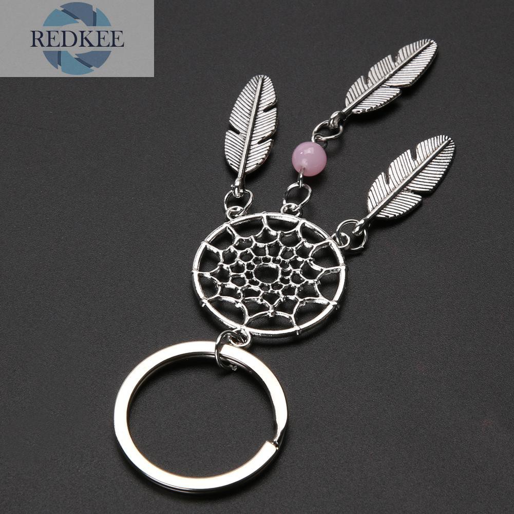 Móc Khóa Hình Dream Catcher Màu Bạc Phối Lông Vũ Tua Rua