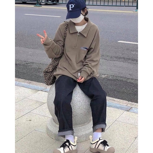 Áo nỉ zip  Áo nỉ cổ bẻ nâu saturday dành cho nữ PHULA khoá kéo dài tay Ulzzang oversize unisex