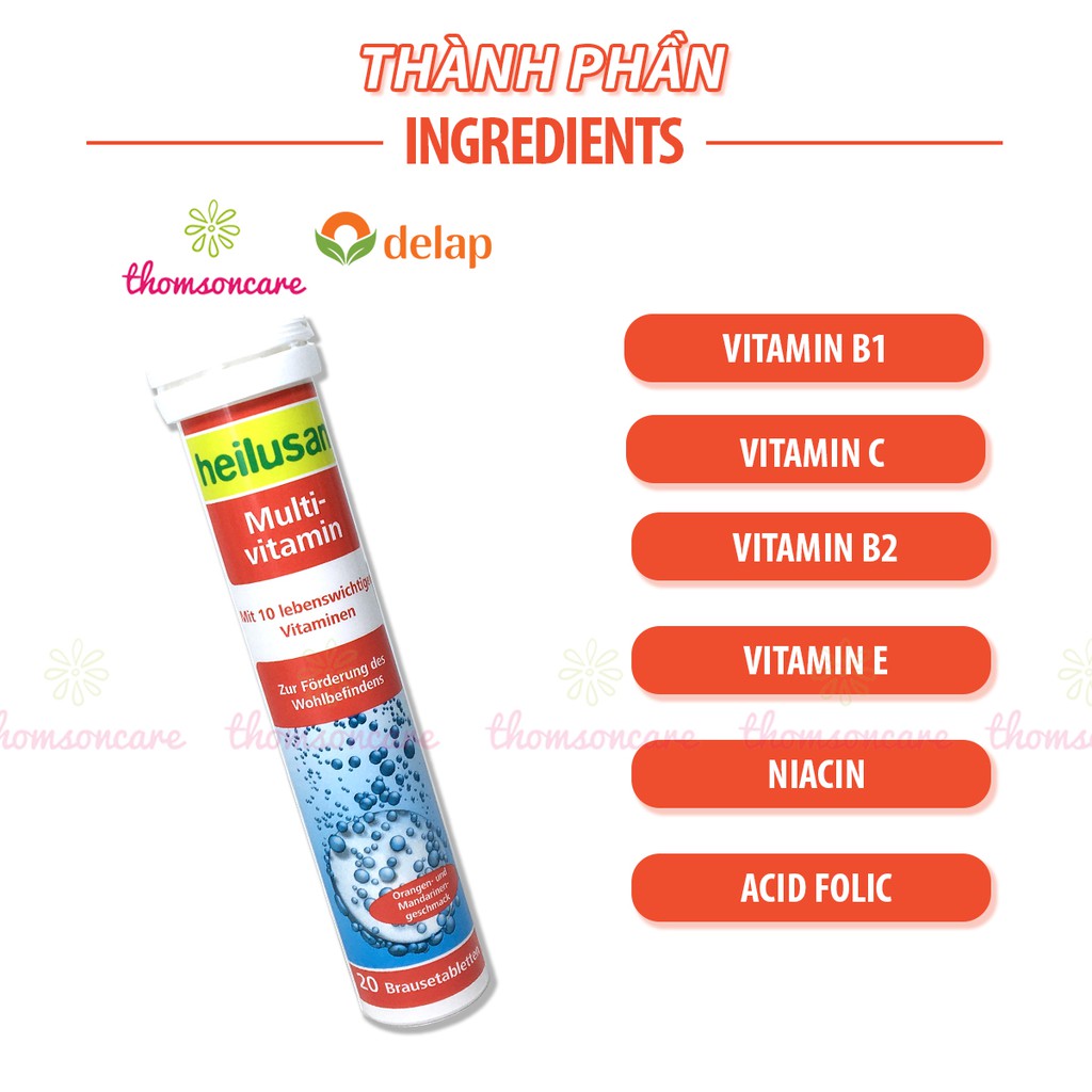 Sủi bổ sung vitamin tổng hợp Heilusan nhập khẩu từ Đức - multi vitamin, tăng sức đề kháng, vtm A, B, C Tuýp 20v