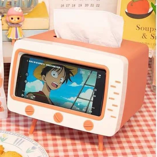 Hộp đựng giấy ăn đa năng hình tivi sang trọng phong cách Art Deco cao cấp, Hộp đựng khăn giấy tivi kệ để điện thoại 2in1