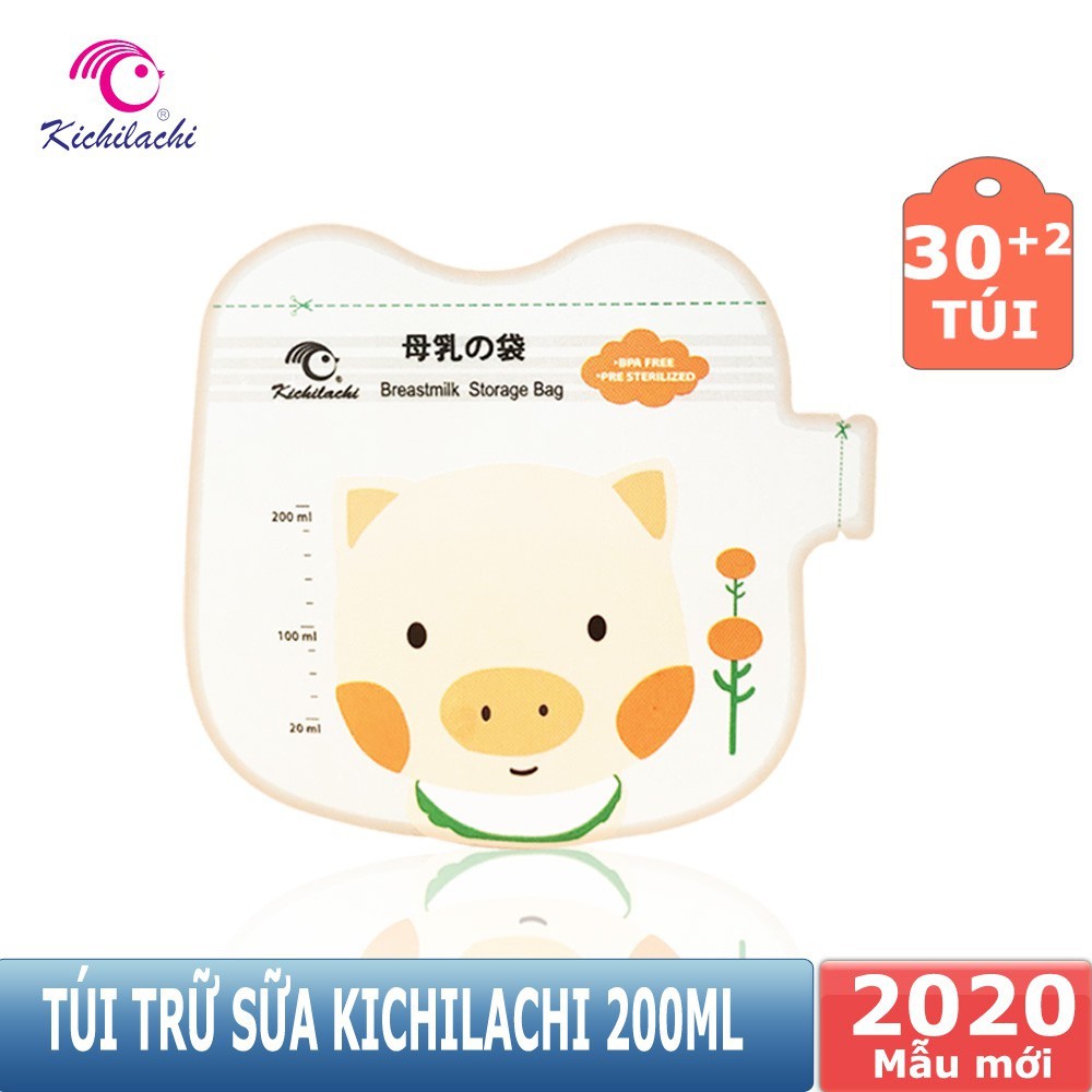 Hộp 32 túi trữ sữa Mẹ 200ml hình con Heo - Kichilachi K32V (Công Nghệ Japan)