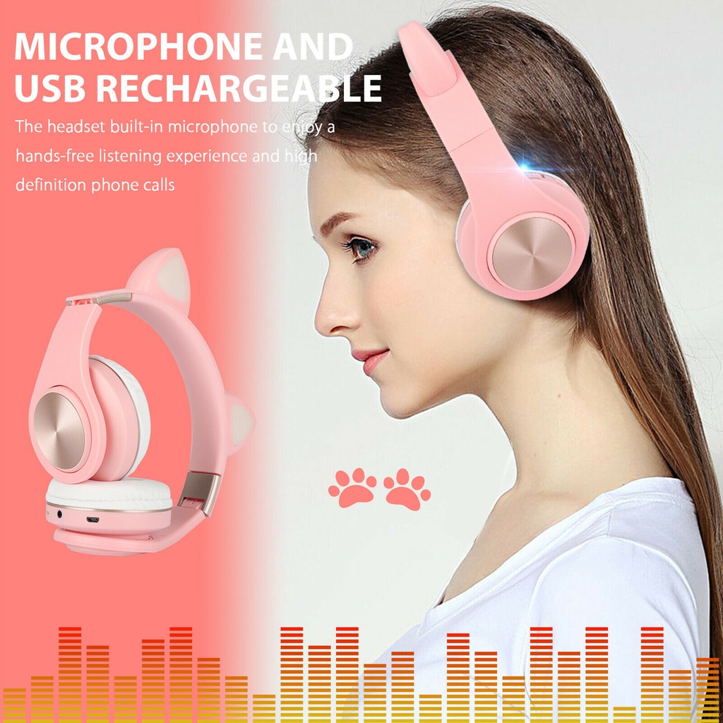 ☆☆Tai Nghe Mèo Bluetooth, Headphone Tai Mèo Dễ Thương Có Mic,Âm Bass Mạnh Mẽ Và Dung Lượng Pin Khủng 400mAh BH 12 Tháng Tai Nghe Bluetooth Không Dây Hình Tai Mèo Dễ Thương【SHOPPINGGO】