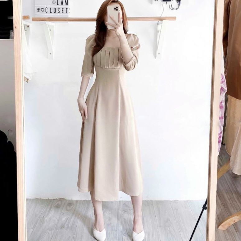 Đầm xòe tay lỡ xếp ly ngực Basic MS1212