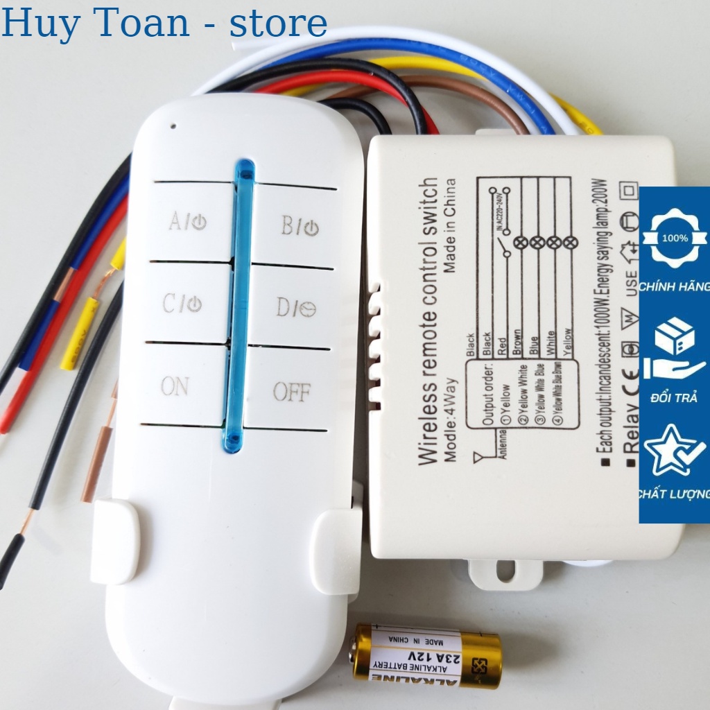 Công tắc điều khiển từ xa không dây 4 kênh 800W  sóng RF 315Mhz xuyên tường rf 4 cổng tặng đế treo điều khiển
