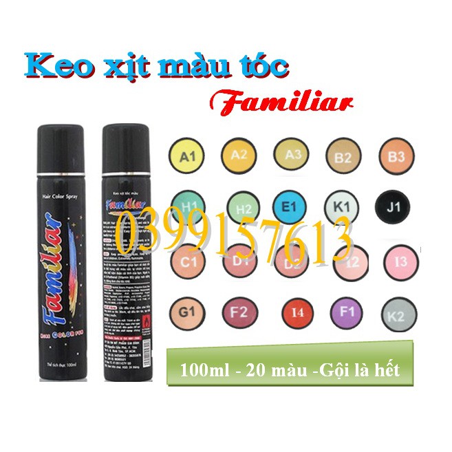 Keo Xịt màu tóc Familiar- nhiều màu 100ml- xịt tóc màu tạm thời- gội là hết