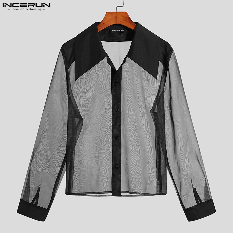 Áo sơ mi INCERUN tay dài nhìn xuyên qua màu đen thời trang phương Tây cho nam