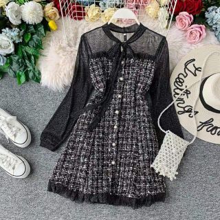 Váy Dạ Tweed Phối Nơ Cổ Xinh