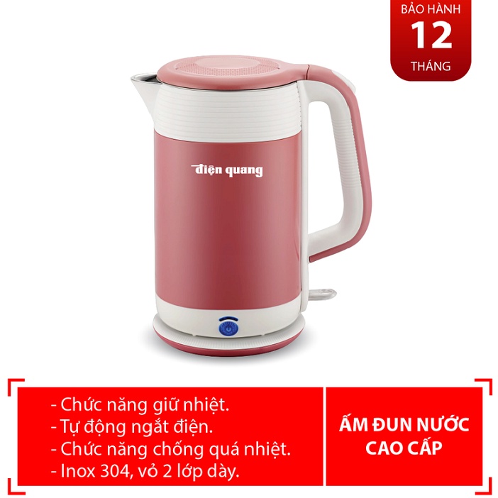 Ấm đun nước cao cấp Điện Quang EKT10 - công suất 1800W - 1.8L - inox 304 an toàn - vỏ 2 lớp - có chức năng giữ ấm