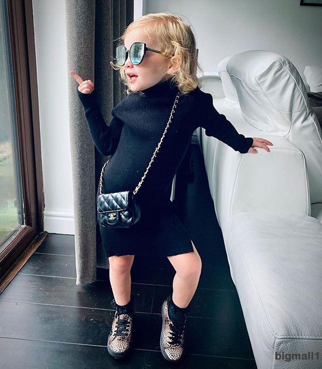 Váy Len Tay Dài Cổ Cao Thiết Kế Xinh Xắn Cho Bé Gái