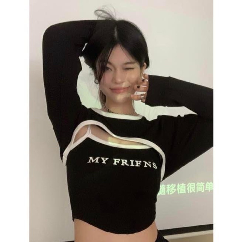Set áo hai dây croptop ôm thun co dãn kèm áo khoác cardigan mặc ngoài tay dài viền màu - Order taobao quảng châu
