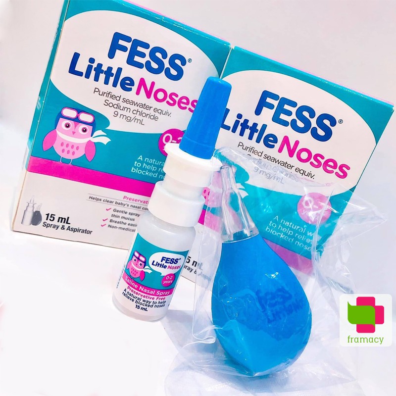 Xịt mũi Fess Little Noses, Úc (15ml) hỗ trợ nghẹt mũi, sổ mũi kèm bóng hút cho bé từ 0-2 tuổi