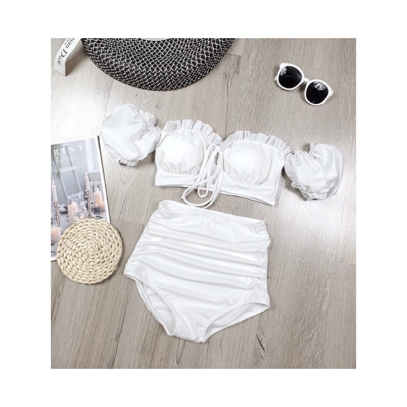 Bikini trễ vai bèo cạp cao che bụng màu trắng basic