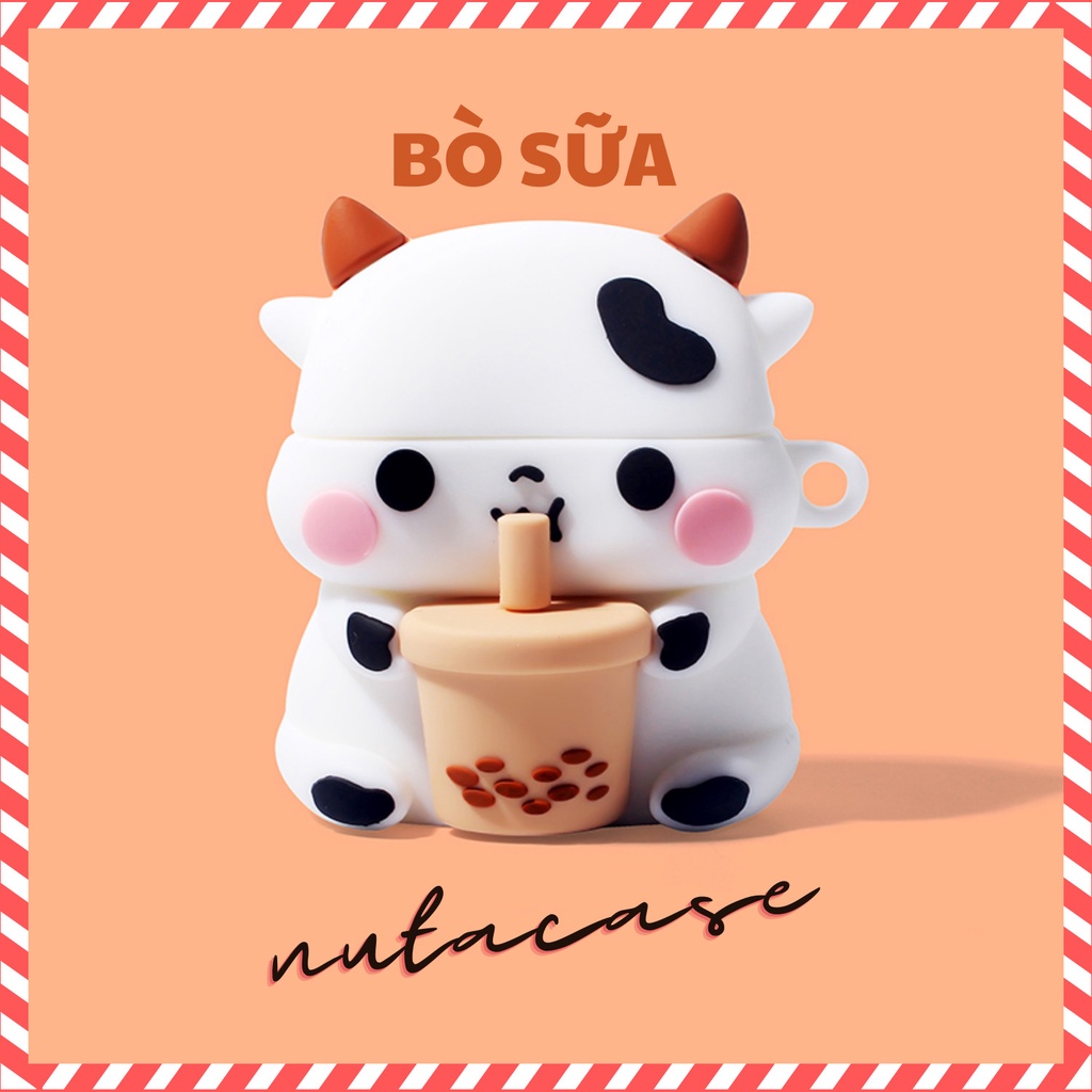 Vỏ bảo vệ tai nghe bluetooth Airpods bằng Sillicone dẻo, ốp Case cute, Airpods 2/pro - NUTACASE BÒ SỮA XINH