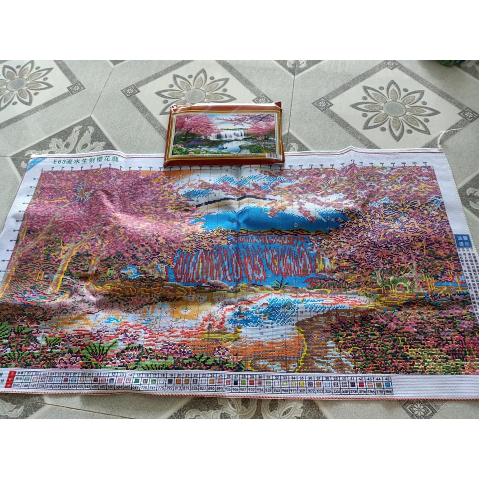 Tranh đính đá phong cảnh Mùa Xuân LV575 - Tranh thêu E63 (KT: 100x55cm) - tranh chưa làm