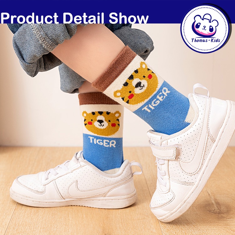 Bộ 5 Đôi Vớ 100% Cotton Thấm Hút Mồ Hôi In Họa Tiết Động Vật Hoạt Hình Dành Cho Bé Trai Gái