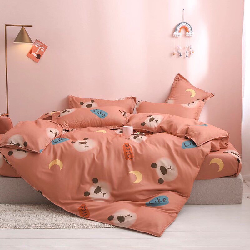 Bộ chăn ga gối Cotton Poly M2T bedding gấu cam, vỏ chăn mền, drap giường và 2 vỏ gối