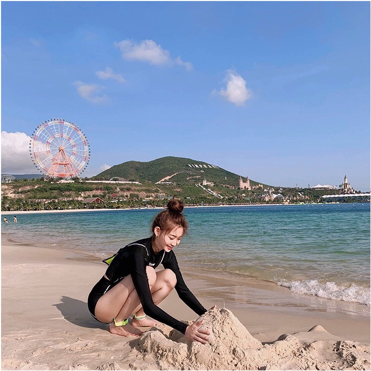 Đồ bơi bikini tay dài nữ quần đùi cạp cao USRONNIE Stye Hàn Quốc