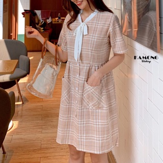 Đầm suông Caro cổ nơ trắng