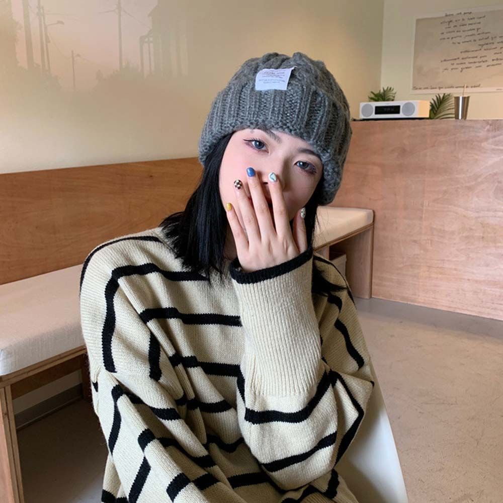 Mũ beanie dệt kim màu trơn phối chữ thời trang Hàn Quốc mùa đông dành cho nữ