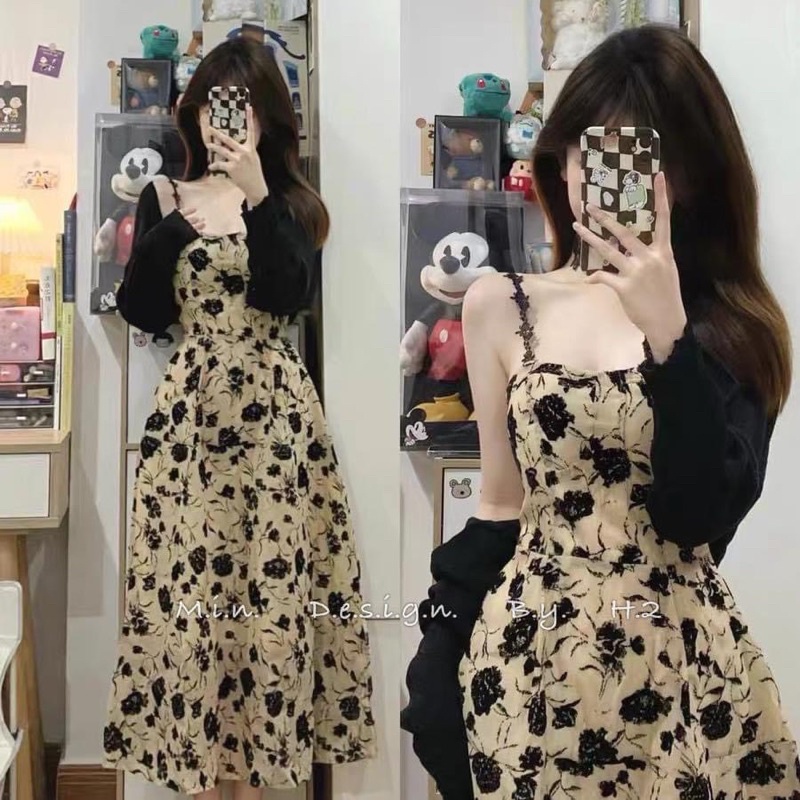 Set Váy Hoa 2 Dây Dáng Xoè Mix Áo Khoác Len Siêu Xinh, Set Bộ Váy Hoa Vintage