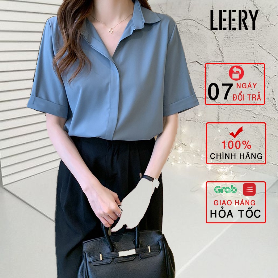 Áo sơ mi nữ công sở đẹp form rộng kiểu tay lỡ Hàn Quốc vải lụa cao cấp màu Đen Trắng Be Xanh form rộng LEERY SM-02 - Hàn