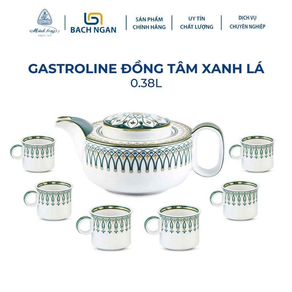 Bộ Ấm Trà Gốm Sứ Cao Cấp Minh Long 0.38 L - Gastroline Đồng Tâm Xanh Lá cực phẩm, phong cách retro châu âu, sang trọng
