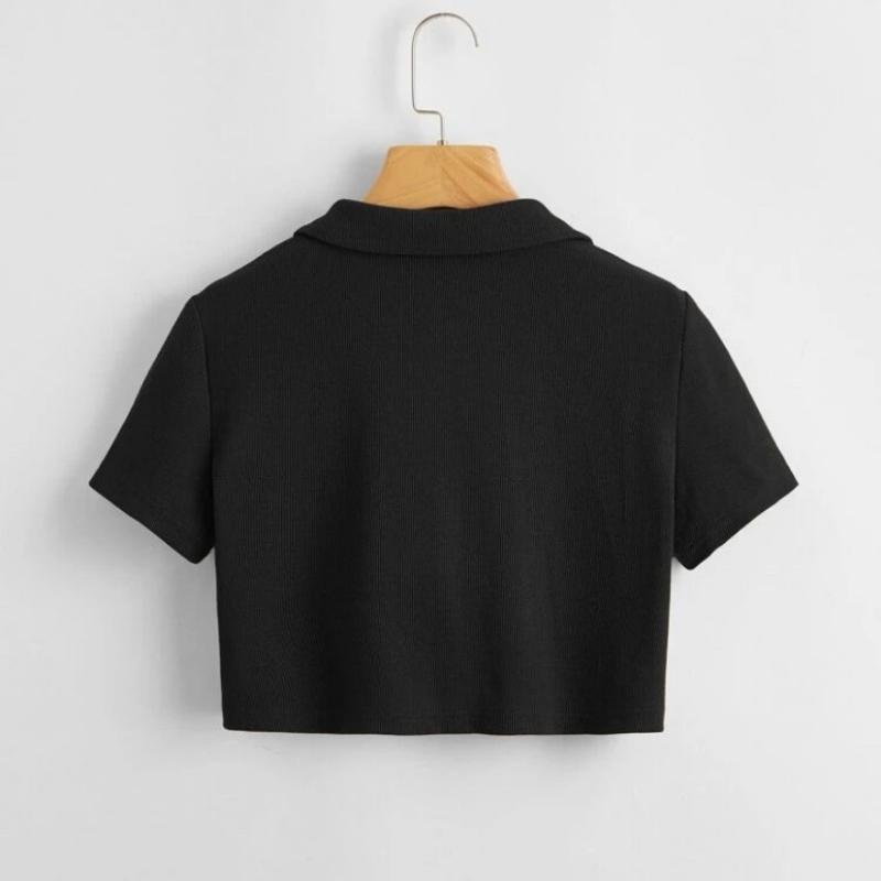 Áo Croptop Cổ Vest Màu Đen Polo Nữ Ngắn Tay Vải Thun Tăm Co Giãn Thoáng Mát Croptop ngắn tay Ulzzang I'm Basic