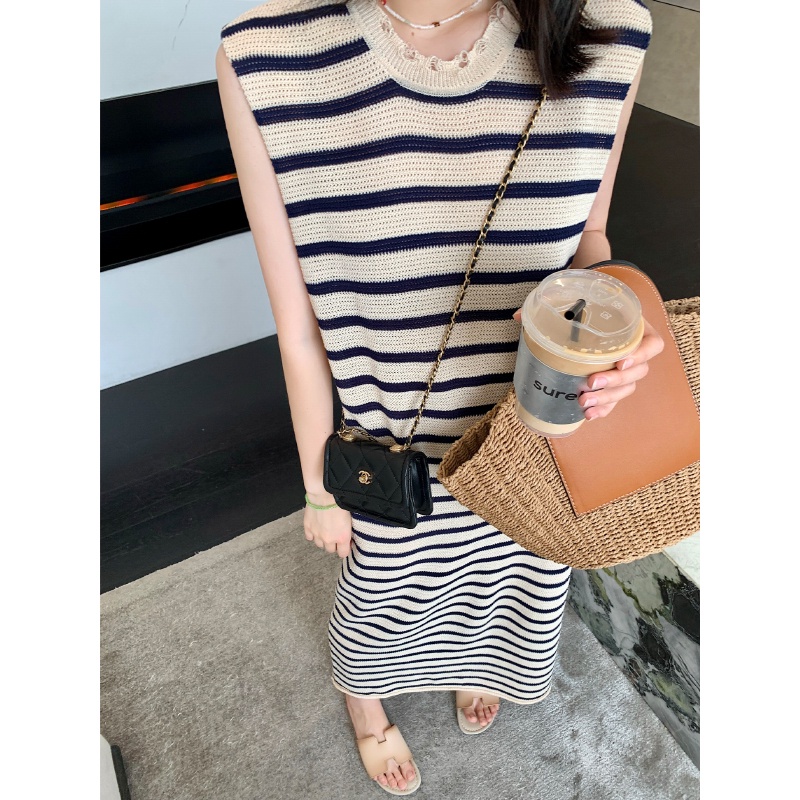 Đầm ZHELIHANGFEI dệt kim sát nách dáng dài kẻ sọc cá tính thời trang xinh xắn cho nữ
