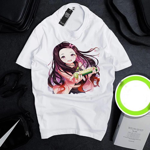 Áo thun Cotton Unisex - Nhân vật Kamado Nezuko - Kimetsu no Yaiba - Chibi - Nezuko và cơm ống tre