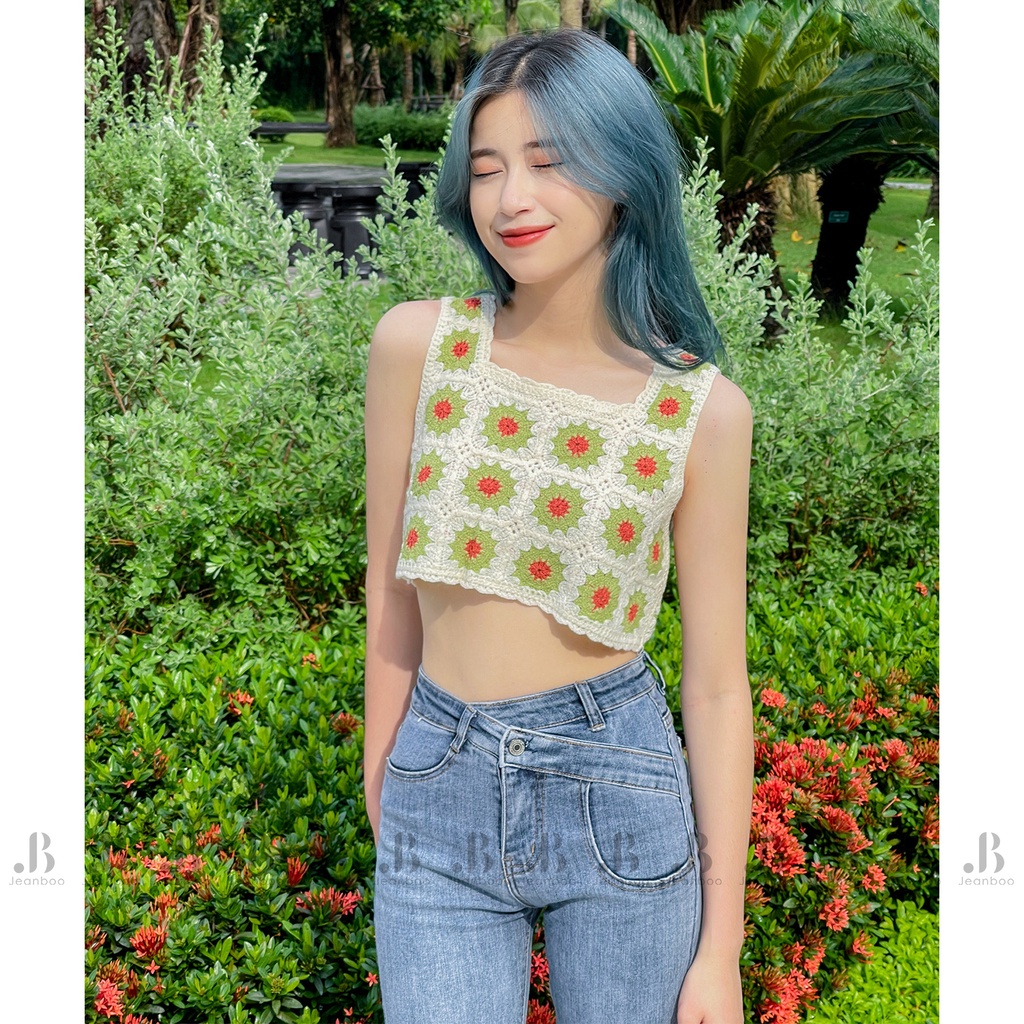 Áo croptop nữ 2 dây bản to Hoa mặt trời, áo croptop cổ vuông crt len ôm body - Jeanboo