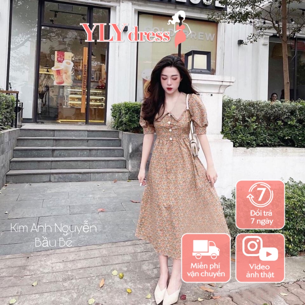 Váy đầm nữ voan hoa nhí có cổ phối cúc ngọc - váy hoa nhí tiểu thử vintage ullzang dài tay C209