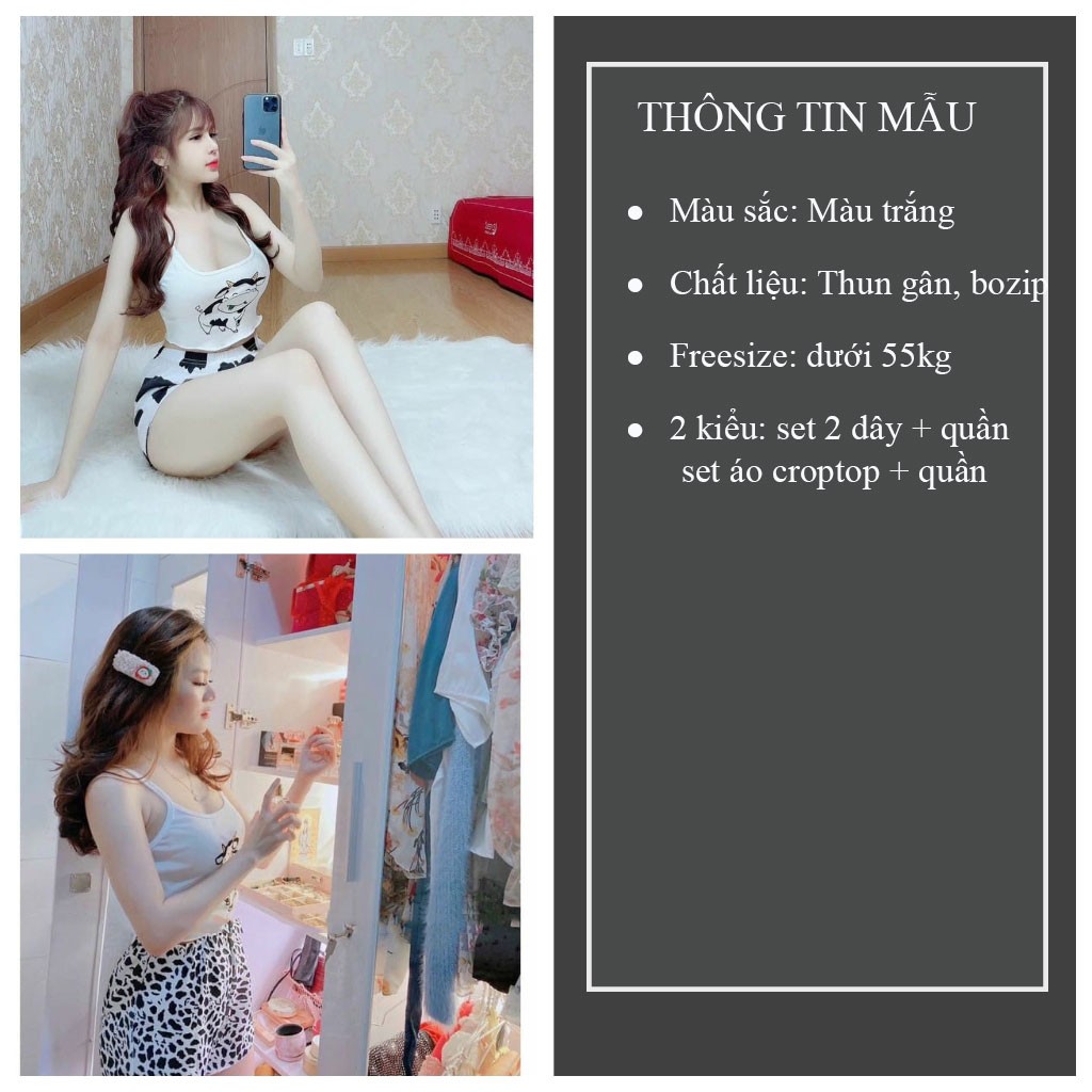 Set bộ quần áo bò sữa croptop 2 dây cộc tay và quần đùi loang mặc ngủ đi chơi- CUTEZOO