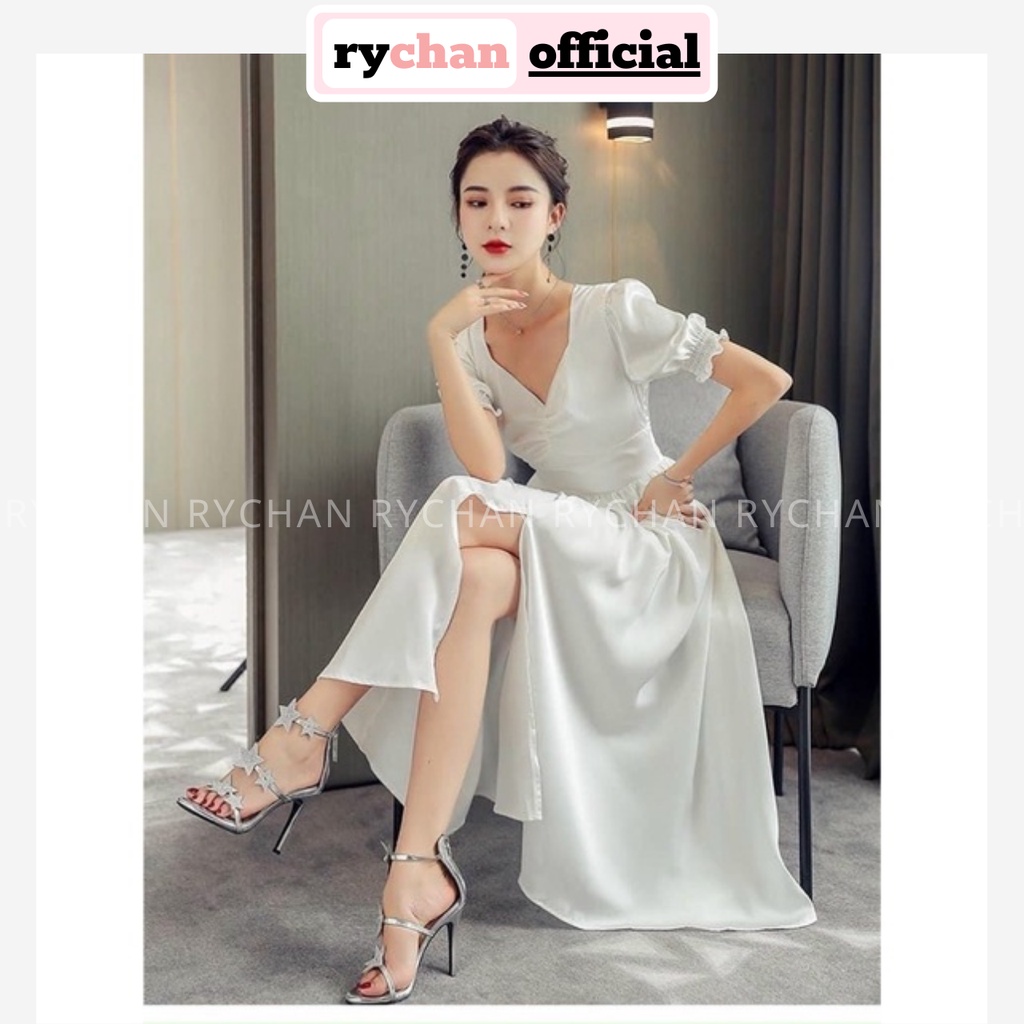 [ẢNH THẬT CUỐI] Đầm Xòe Dự Tiệc Nữ Màu Trắng Nhúng Ngực  Tay Phồng Xẻ Tà 2 Lớp Dày Dặn - DX9911