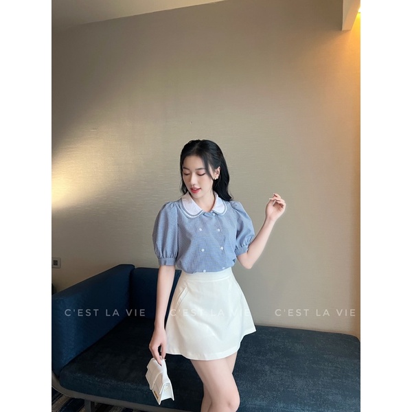 Áo kẻ cổ sen vintage C'est la vie