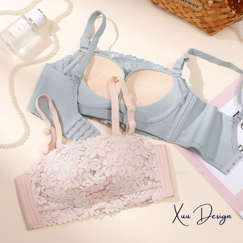 Áo lót nữ đệm dày không gọng XUU họa tiết hoa vải ren gấm phối su mềm mịn áo bản to nâng ngực- AV57