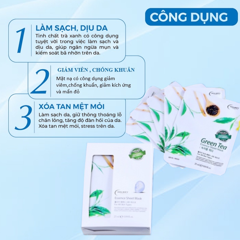 Mặt Nạ Giấy Dưỡng Trắng Da Holikey Hàn Quốc Chiết Xuất Từ Trà Xanh Ngừa Mụn & Làm Trắng Mềm Mịn Da 25ml