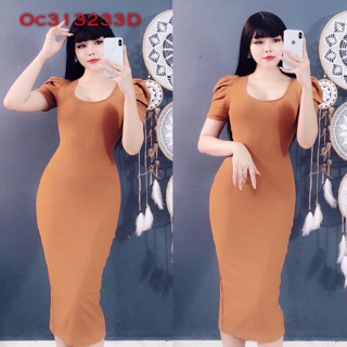 Đầm body trơn tay phồng