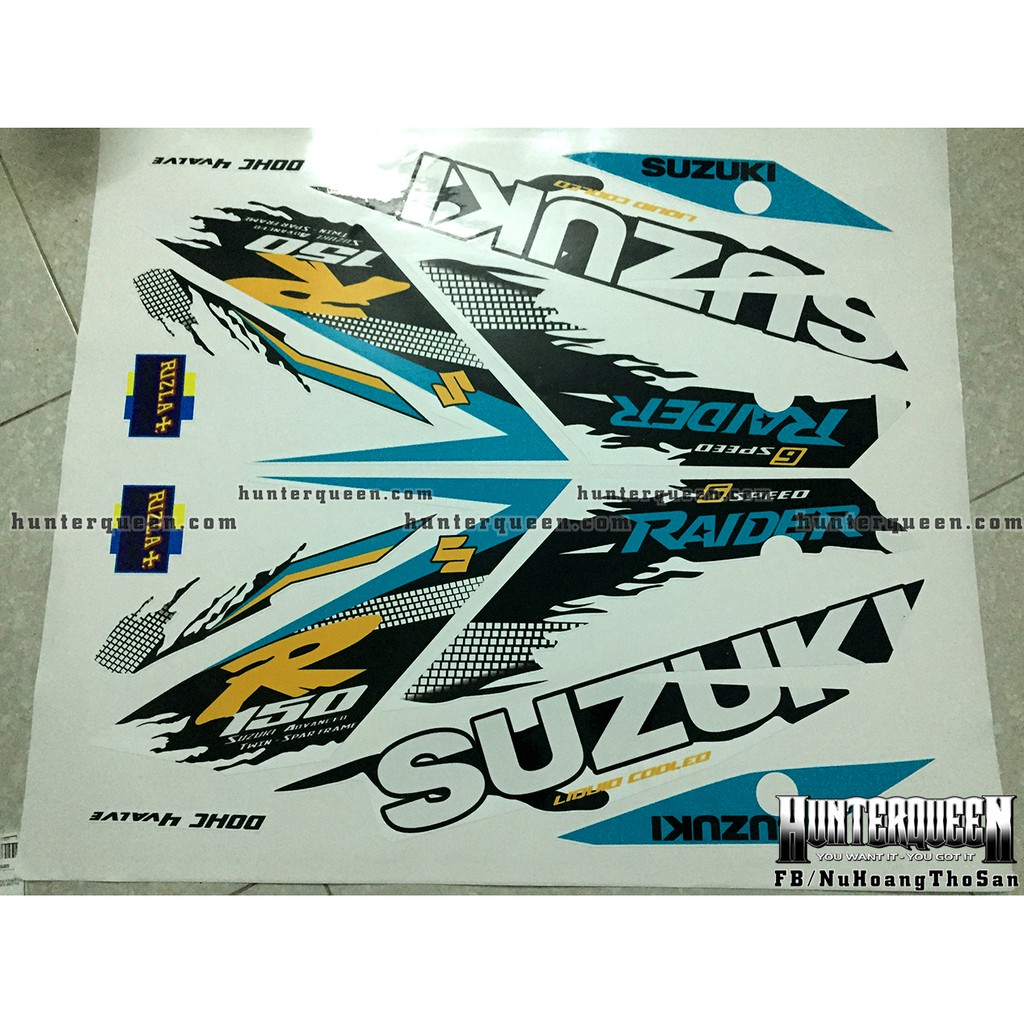 Tem rời chế Raider FI. Trắng xanh, chữ Suzuki. Thay đổi màu sắc và chi tiết theo yêu cầu. Sắc nét, bền màu