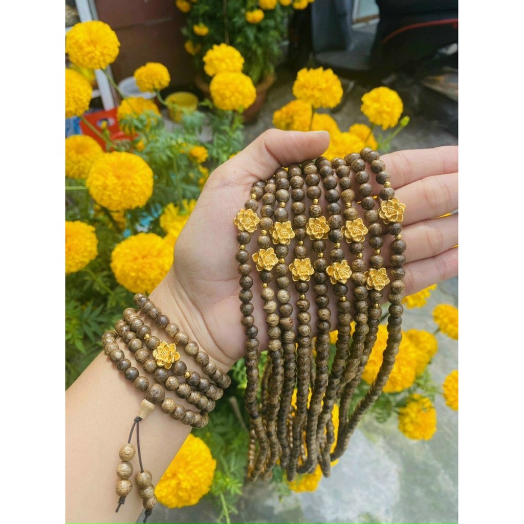 Tặng Hộp + Dây + Cáp xâu, Vòng tay trầm hương 108 hạt tự nhiên mix charm hoa sen mạ vàng dành cho nam nữ
