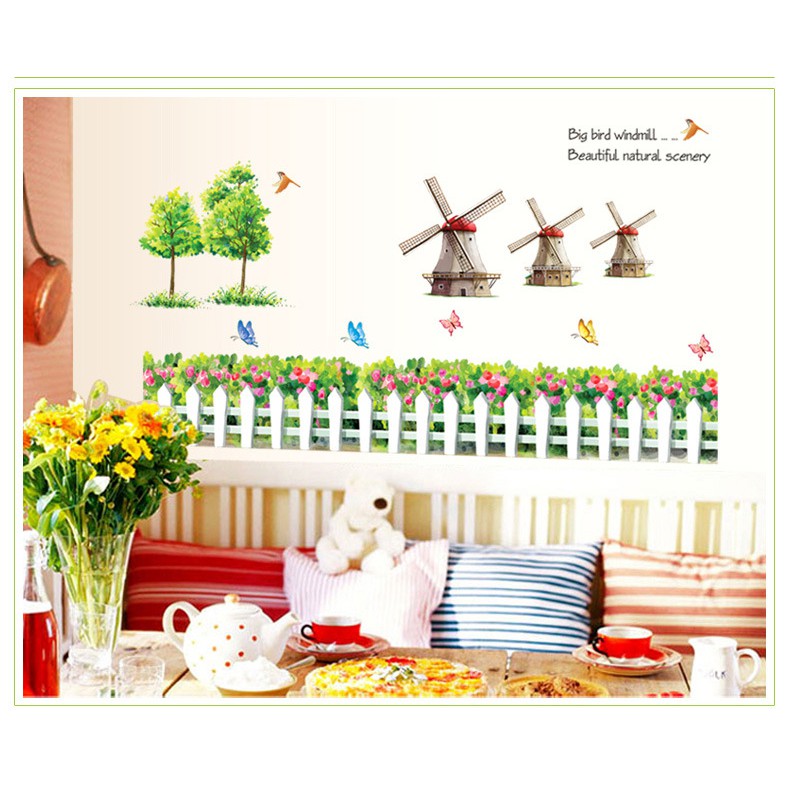 Tranh decal dán tường CỐI XAY GIÓ VÀ HOA cho bé - Decal dán tường️